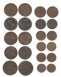 Assorted lot of Foreign Tokens, Copper (11), various types and varieties. All About Very F