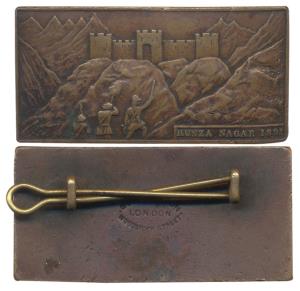 Hunza-Nagar Badge, 1891, Copper. The face of the badge shows Colonel Algernon George Arnol