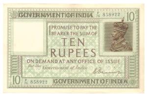 George V, Rupees 10, 1st issue, 1925, signed H. Denning, (Jhun #6B.1). Very Fine.