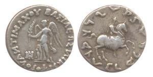 Indo-Greeks, Antimachos, Silver, Drachm, Goddess Nike on obv, horse mounted on rev. Very F