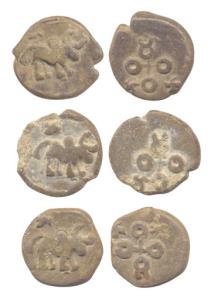 Satavahanas, Lead (3), uninscribed, bull to right on obv, Ujjayini symbol on rev. Very Fin