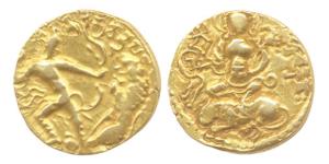 Guptas, Chandragupta II, Gold, Dinar, Lion-Slayer type, king slaying a lion with a bow and