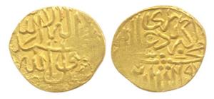 Akbar, Gold, 1/10 Mohur, AH 97x, mintless type, Kalima on obv. Fine+, Scarce.