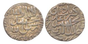 Akbar, Silver, Rupee, Bhakkar Mint, Kalima type with mint name at bottom on rev, AH 984. V