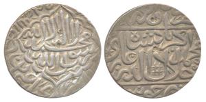 Akbar, Silver, Rupee, Jaunpur Mint, Kalima type with Nasir-ud-din title, AH 96x. Broad fla