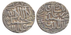 Akbar, Silver, Rupee, Lahore Mint, mint name in the left margin, Kalima type with square-a