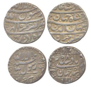 Shah Jahan, silver (2), Rupee, Akbarnagar Mint, four-lines and square-area types. Very Fin
