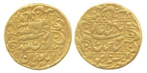Shah Jahan, Gold, Mohur, Lahore Mint, square-area type, RY 7, mint name at bottom on rev. 