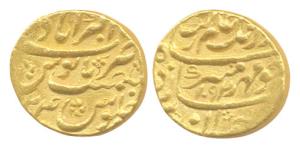Aurangzeb, Gold, Mohur, Akbarabad Mint, AH 1092/24, mint name without epithet at top on re