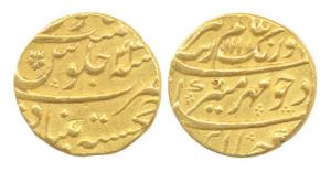 Aurangzeb, Gold, Mohur, Khujista Bunyad, AH 1111/43, complete mint name at bottom. Very Fi