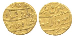 Shah Alam I, Gold, Mohur, Burhanpur Mint, AH 11xx/Ahad. Fine+.