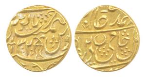 Najibabad Mint, Gold, Mohur, in the name of Shah Alam II, RY 32, fish as mint mark, mint n