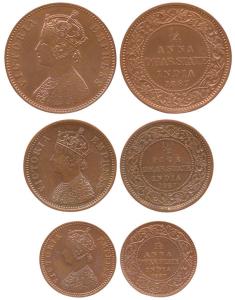 Copper (3), in the name of Victoria Empress, 1887, ¼ Anna, ½ Pice and 1/12 Anna, Bombay Mi