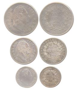 William IV, Silver (3), Rupee, ½ and ¼ Rupee, 1835, F Raised variety. All Restrike Proofs.