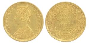 Victoria Empress, Gold, Mohur, 1877. About Very Fine, Rare.