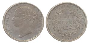 Victoria Queen, Silver, ½ Rupee, Mule, Proof. Type 2 reverse as 1849 but the date on the c