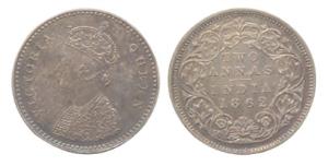Victoria Queen, Silver, 2 Annas, 1862, Original Proof, London Mint. Plain edge. Proof, Ver