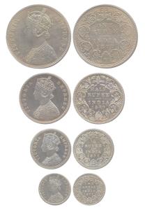 Victoria Empress, Silver (4), Set of Proof coins: Rupee, 1/2, ¼ and 2 Annas, 1877. Restrik