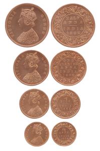 Victoria Queen, Copper (4), Set of 4: ½ Anna, ¼ Anna, ½ Pice, and 1/12 Anna, 1862. Restrik