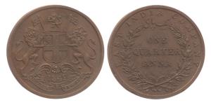 1/4 Anna, Copper, 1849, Pattern Proof. Slight edge wear, otherwise Mint State, Extremely R
