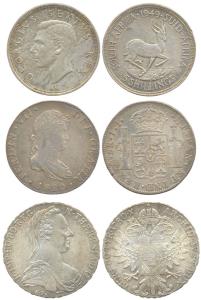 Crowns, Silver (3), Thaller, Maria Therresa, Ferdin VII, and South Africa, 5 Shillings. Ve