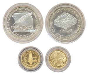 USA, 1987 US Constitution 200th Anniversary Proof set, Gold $5, 8.35 g and Silver Dollar, 