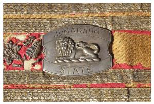 Junagadh State, belt with Jari and silver belt plaque, lion sitting in center with Junagad