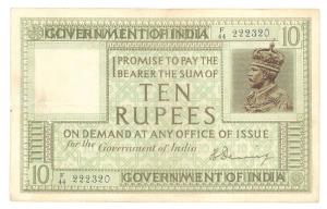 George V, Rupees 10, 1st issue, 1925, signed H. Denning, (Jhun #6B.1). About Very Fine.