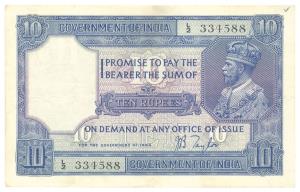 George V, Rupees 10, 2nd issue, 1926, signed J. B. Taylor, (Jhun #7.2). Very Fine. Without