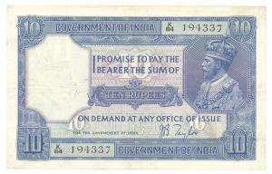 George V, Rupees 10, 2nd issue, 1926, signed J. B. Taylor, (Jhun #7.2). About Very Fine.