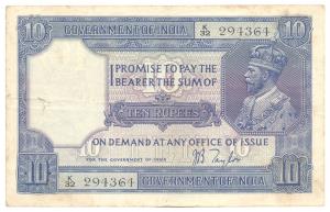 George V, Rupees 10, 2nd issue, 1926, signed J. B. Taylor, (Jhun #7.2). Fine+.