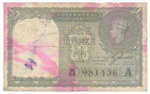 George VI, Rupee 1, 1st issue, 1944, signed C. E. Jones, serial number in black with black