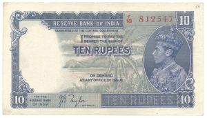 George VI, Rupees 10, 1st issue, 1938, signed J. B. Taylor, (Jhun #5.1). About Very Fine.