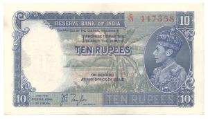 George VI, Rupees 10, 1st issue, 1938, signed J. B. Taylor, (Jhun #5.1). Extremely Fine.