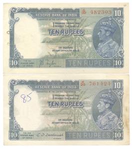 George VI, Rupees 10, 1st issue, 1938 and 1944, signed J. B. Taylor and C. D. Deshmukh, (J