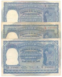 Republic of India, Rupees 100, 1950, 1951 and 1953 signed B. Rama Rau, first value written