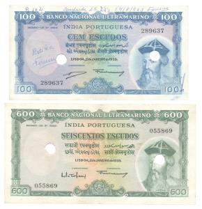 Indo-Portuguese, 100 and 600 Escudos, 1959, Banco Nacional Ultramarino, (Jhun #37.1 & 39.4