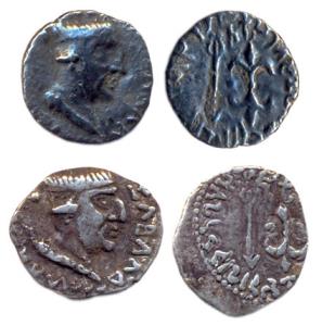 Western Kshatrapas, Nahapana, Silver (2), portrait type on obv and thunderbolt on rev. Fin