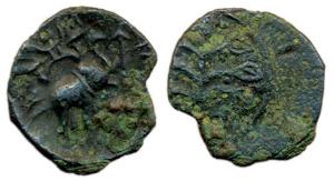 Western Kshatrapas, Nahapana, Copper, 4.11 g, counter-struck on the earlier Satavahana coi