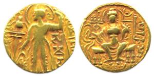 Guptas, Samudragupta, Gold, Dinar, Standard type, king standing to left, holding a standar