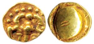 Shilaharas, Gold, 0.77 g, Double Fanam, trishul on obv, a big embossed, design-less globul