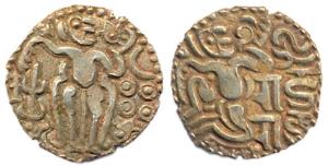 Cholas, Raja Raja Chola I, debased Gold, 4.42 g, king standing to right with Nagari legend