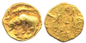 Uncertain Issue, Gold, Fanam, probably issued by the Cholas, curly lion on obv, Unifaced. 