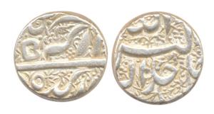 Akbar, Silver, Rupee, Berar mint, Allahu Akbar type, Ilahi 50,Mihr Month. A small duck to 
