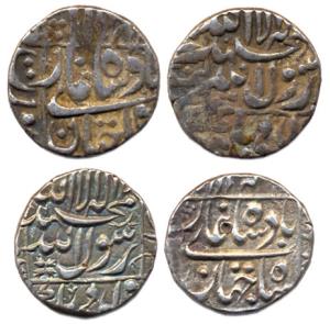 Shah Jahan, Silver (2), ½ Rupee, Surat Mint, square-area type. Very Fine, Scarce. (2)