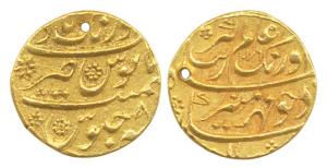 Aurangzeb, Gold, Mohur, Aurangabad Mint, AH 1076/8, nearly complete mint name at top on re
