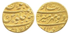 Aurangzeb, Gold, Mohur, Khambayat Mint, AH 1077, mint name at bottom on rev (KM 315.27). F