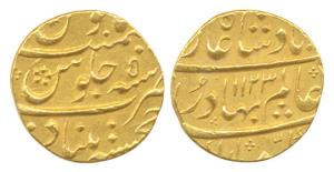 Shah Alam I, Gold, Mohur, Khujista Bunyad Mint, AH 1123/5,mint name at bottom on rev, near