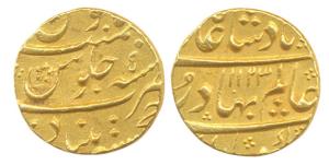 Shah Alam I, Gold, Mohur, Khujista Bunyad Mint, AH 1123/5,mint name at bottom on rev, near