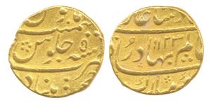 Shah Alam I, Gold, Mohur, Khujista Bunyad Mint, AH 1123/5,mint name at bottom on rev (KM 3